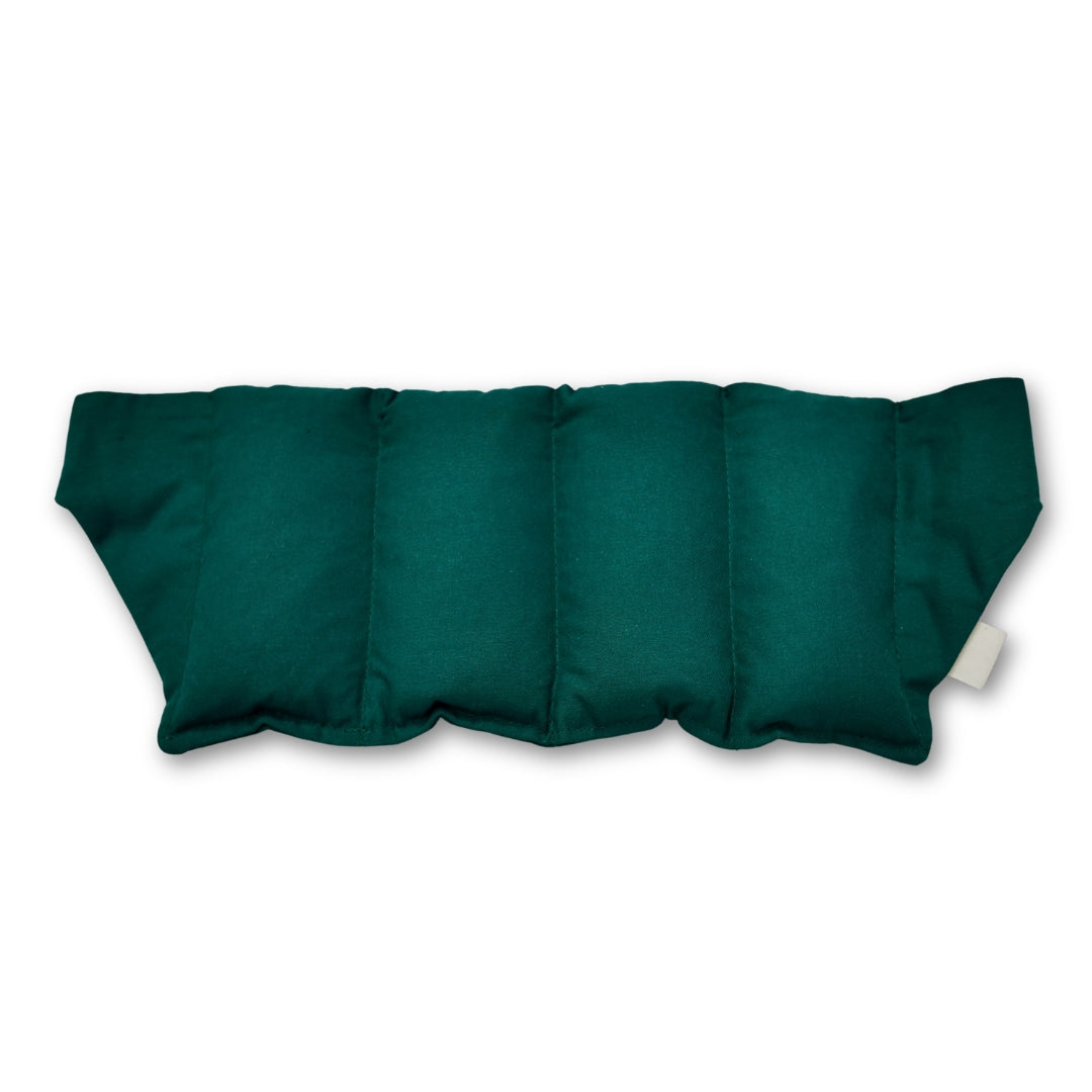 FRUT hands-free heat pack in dark green with adjustable velcro strap, front view